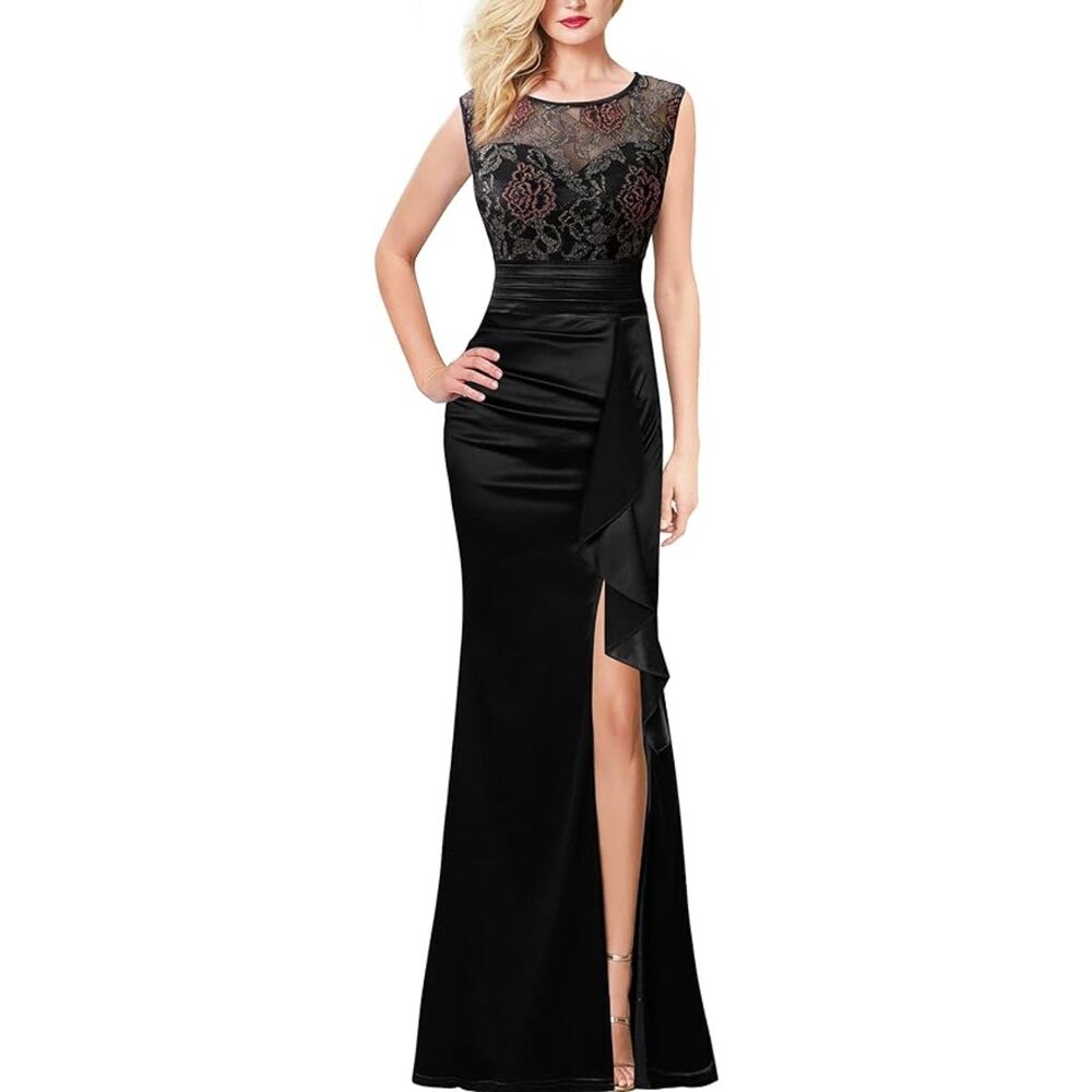VFSHOW Lace Ruched Ruffle Satin Formal Evening Maxi Sz XL